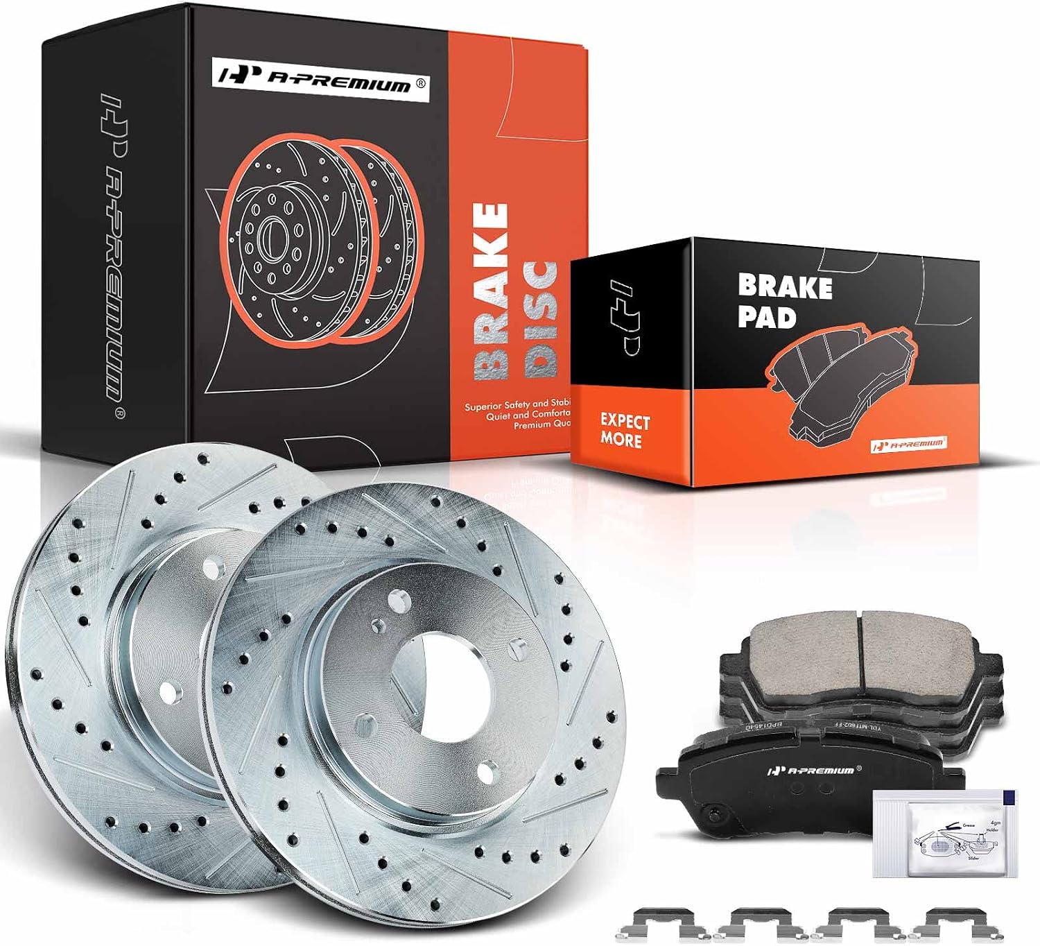 A-Premium 10.16 inch (257.9mm) Front Drilled and Slotted Disc Brake Rotors + Ceramic Pads Kit Compatible with Select Ford Models - Fiesta 2011-2019, 6-PC Set