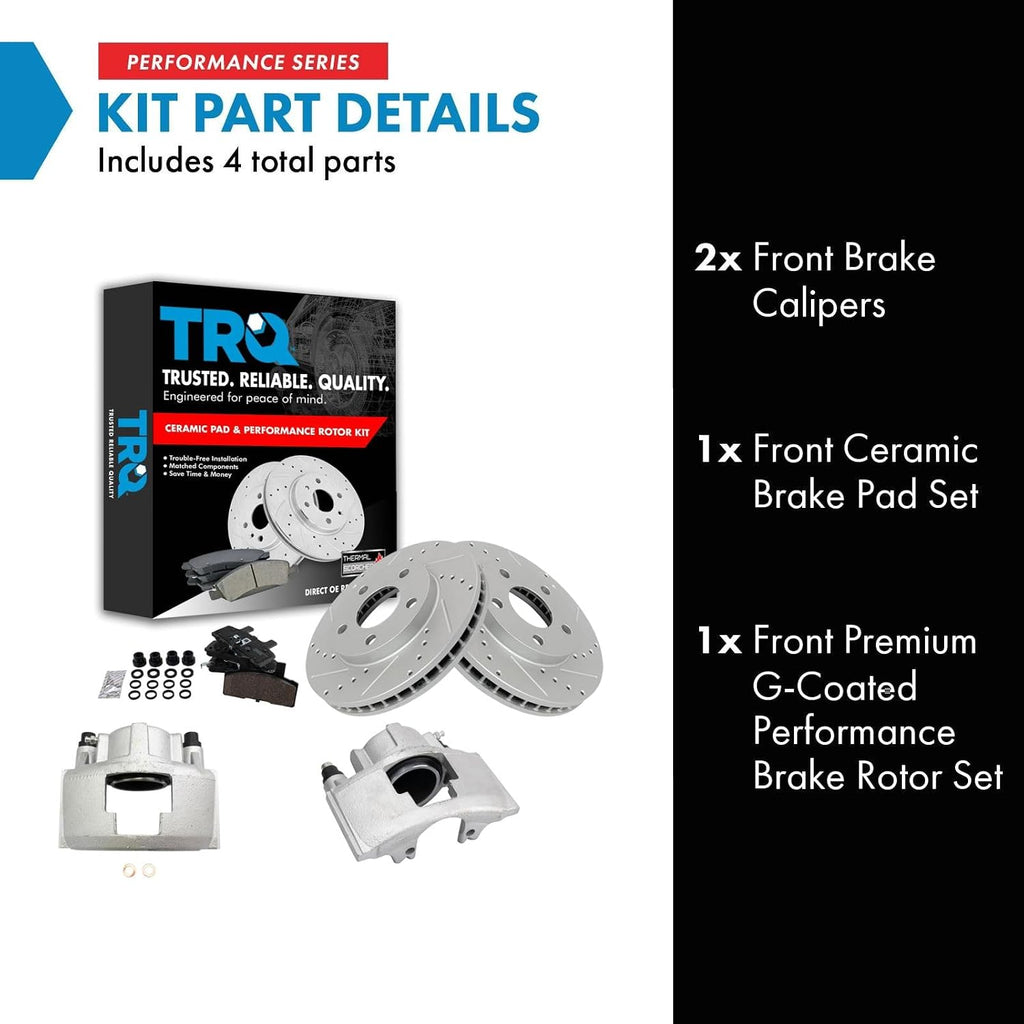TRQ Performance Front Brake Pad and Rotor Set Ceramic Vented Coated Slotted Drilled Rotors Calipers Compatible with 1991-1993 Cadillac DeVille 1991-1992 Fleetwood