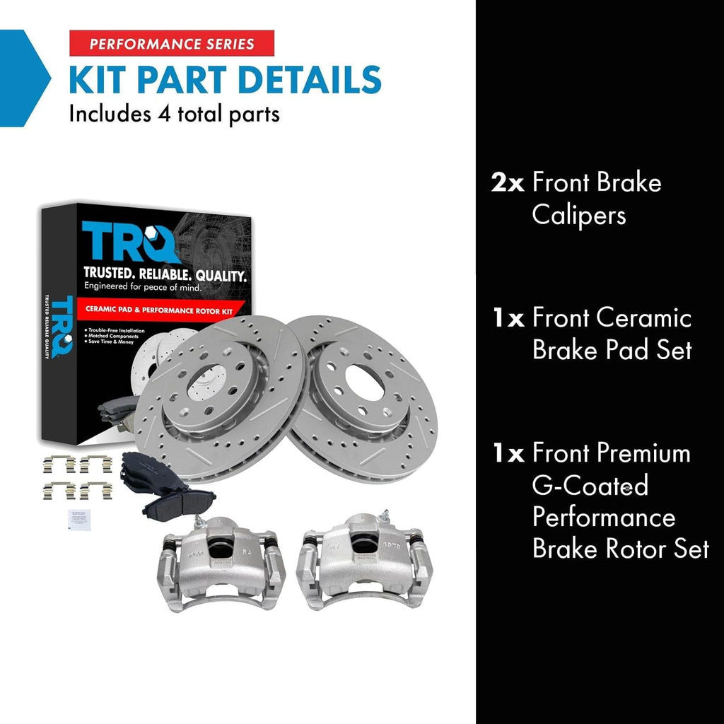 TRQ Performance Front Brake Pad and Rotor Set Ceramic Drilled Slotted Vented Rotors Calipers Compatible with 2004-2011 Chevrolet Aveo 2007-2011 Aveo5 2013-2015 Spark 2009 Pontiac G3