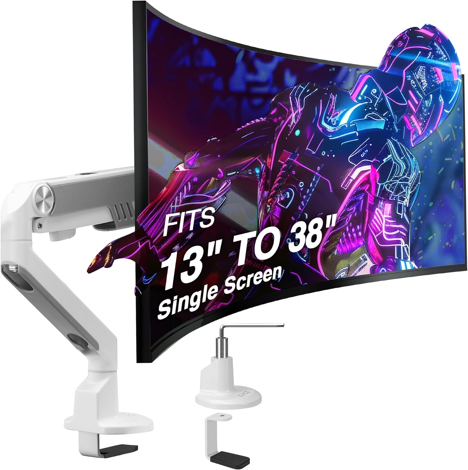 AVLT Single 13'-38' Monitor Arm Desk Mount fits One Flat/Curved/Ultrawide Screen Full Motion Height Swivel Tilt Rotation Adjustable Arm - VESA/C-Clamp/Cable Management - White