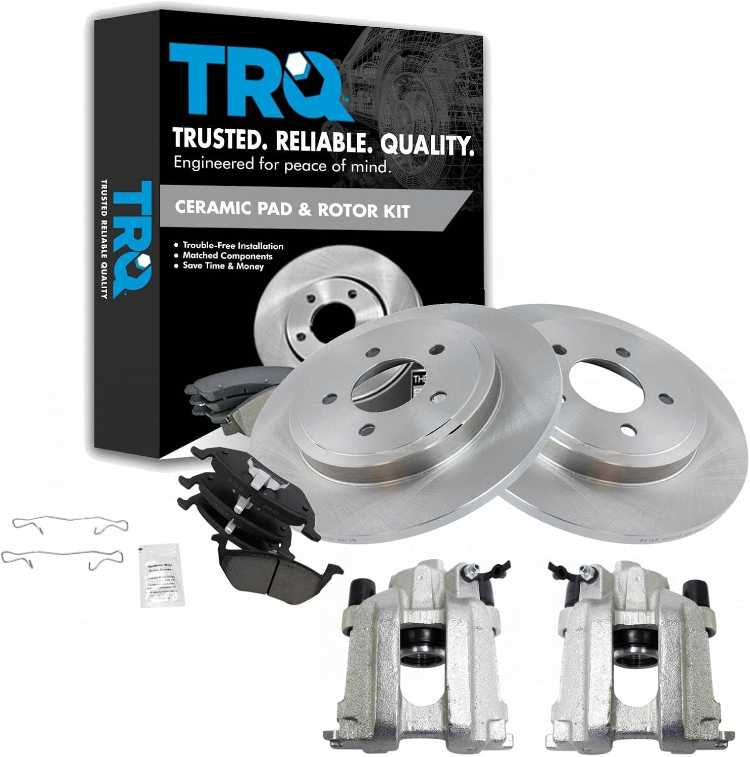 TRQ Rear Brake Pad and Rotor Set Ceramic Solid Rotors Calipers Compatible with 2005-2008 Ford Escape Mazda Tribute Mercury Mariner