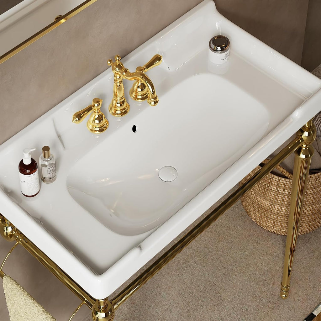 28 inch Console Bathroom Sink, Freestanding Console Sink With Stainless Brushed Gold Legs, Modern Bathroom Vanity with 3 Tap Holes, White Ceramic Basin