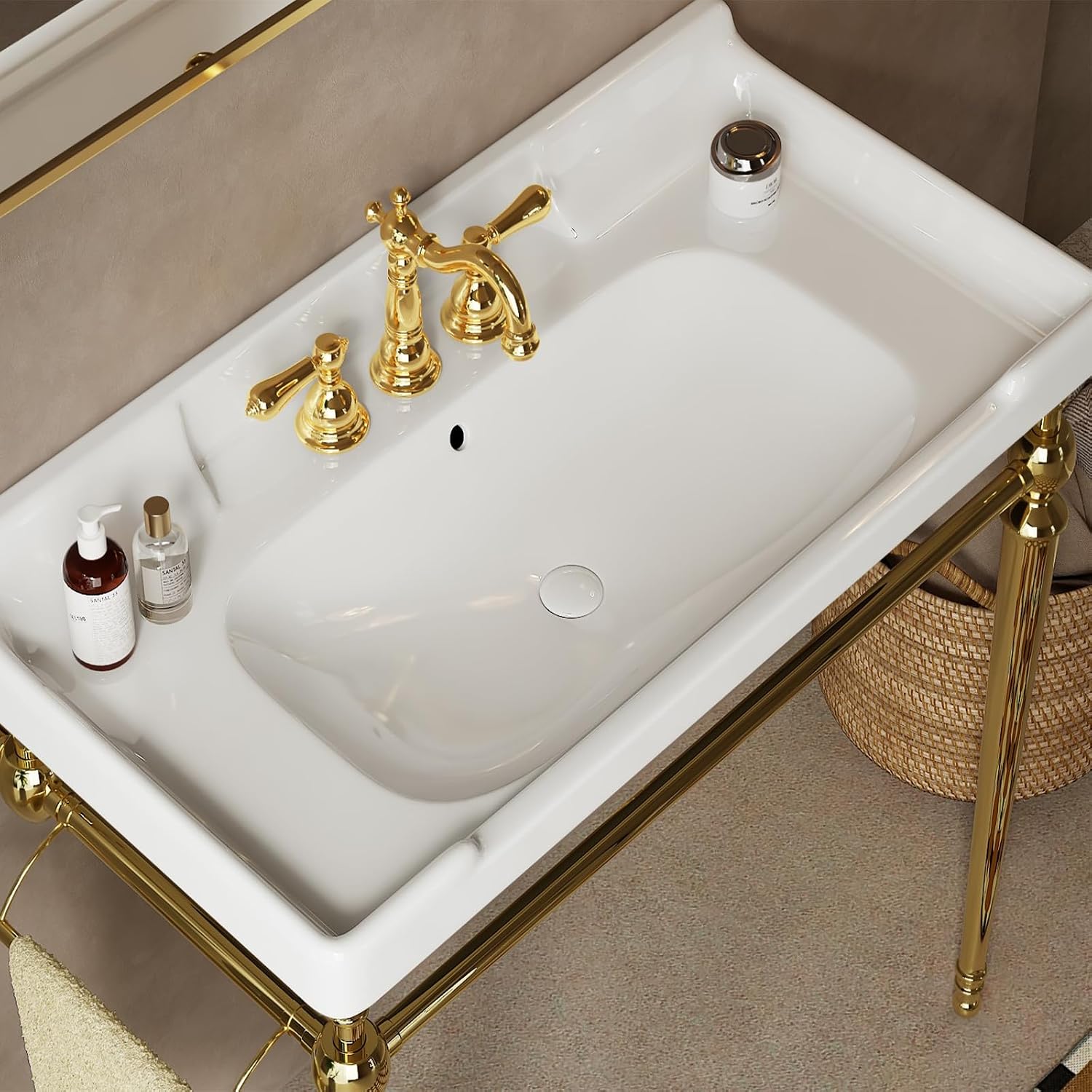 36'' Console Bathroom Sink, Freestanding Console Sink With Stainless Brushed Gold Legs, Modern Bathroom Sink Vanity with 3 Tap Holes and Pop Up Drain, White