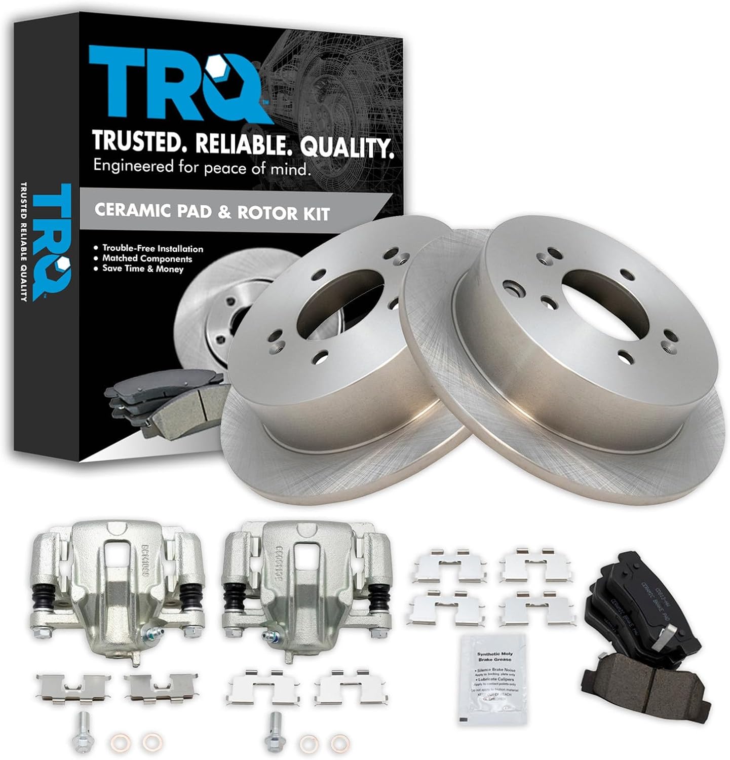 TRQ Rear Brake Pad and Rotor Set Ceramic Solid Rotors Calipers Compatible with 2009 Hyundai Tucson 2005-2010 Kia Sportage