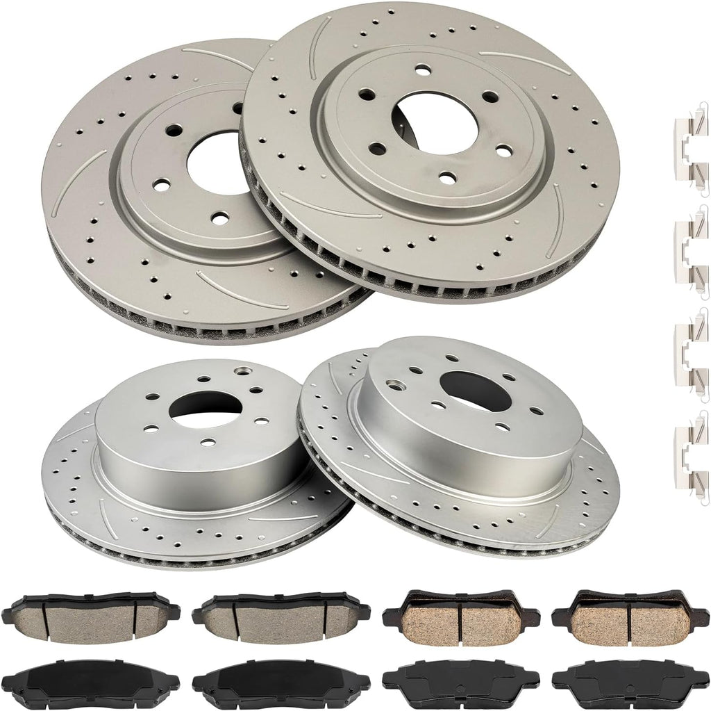 PHILTOP Front & Rear Brake Kit For 2005 2006 2008 2012 Nissan Pathfinder, Drilled & Slotted Brake Rotors Ceramic Brakes Pads Replacement : 11.63' inch Front, 12.11' inch Rear Rotor