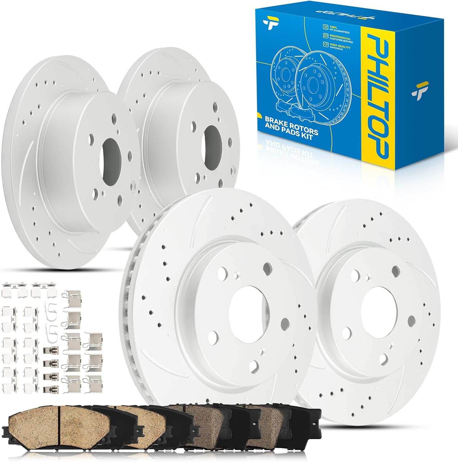 PHILTOP Front and Rear Brake Kit For Toyota RAV4 2006-2018, Drilled and Slotted Brake Rotors and Brake Pads Kit Replace # 31440+D1210+31443+D1212, Front 10.82（275mm）, Rear 11.06（281mm）