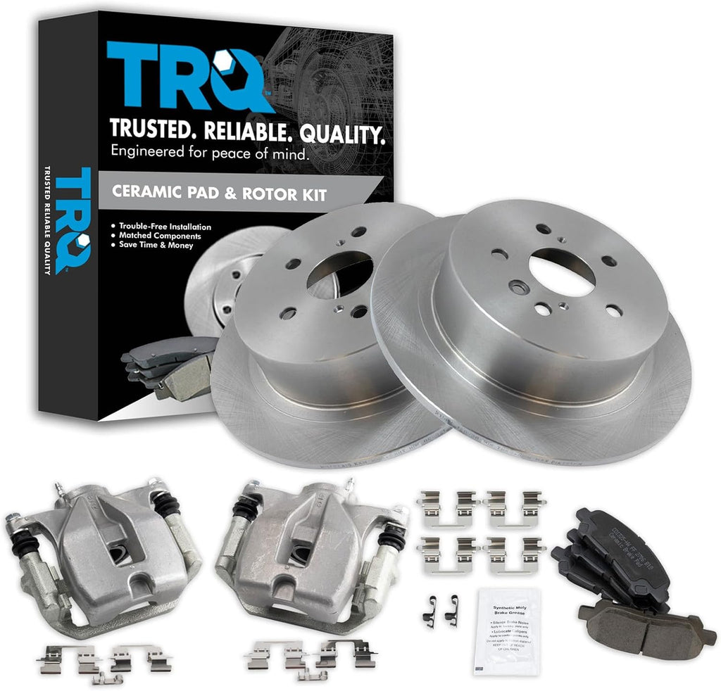 TRQ Rear Brake Pad and Rotor Set Ceramic Rotors Calipers Compatible with 2008-2013 Toyota Highlander