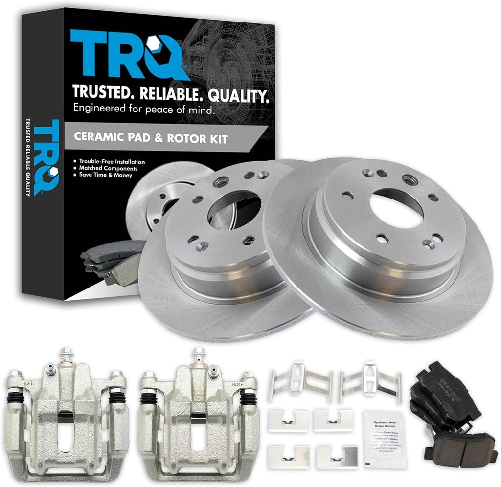 TRQ Rear Brake Pad and Rotor Set Ceramic Solid Rotors Calipers Compatible with 1999-2003 Acura TL