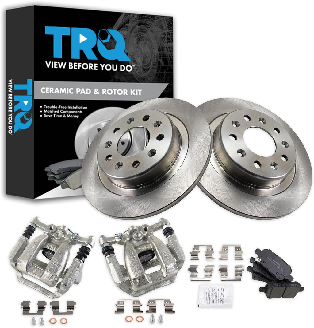 TRQ Rear Brake Pad and Rotor Set Ceramic Solid Rotors Calipers Compatible with 2017-2019 Buick LaCrosse 2016-2018 Chevrolet Malibu 2018-2019 Equinox GMC Terrain