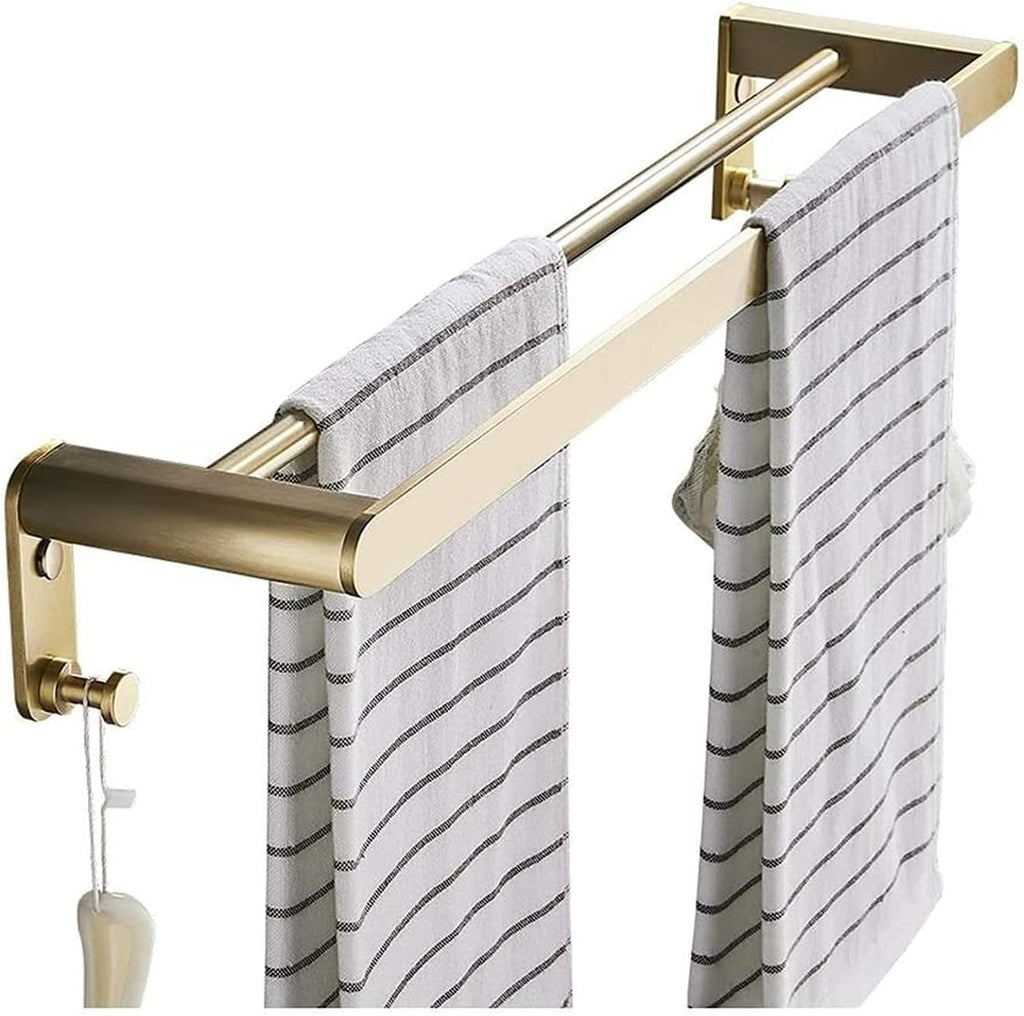 Wall-Mounted Towel Rack,Double Bar Towel Rails with Hooks - Brushed Space Aluminum Wall-Mounted Towel Rack & Holder for Bathroom - Stylish Gold & White Finish, Durable Towel Shelves Design