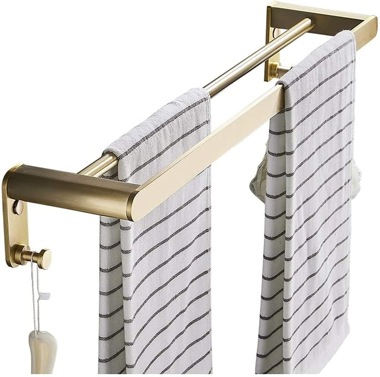 Wall-Mounted Towel Rack,Double Bar Towel Rails with Hooks - Brushed Space Aluminum Wall-Mounted Towel Rack & Holder for Bathroom - Stylish Gold & White Finish, Durable Towel Shelves Design