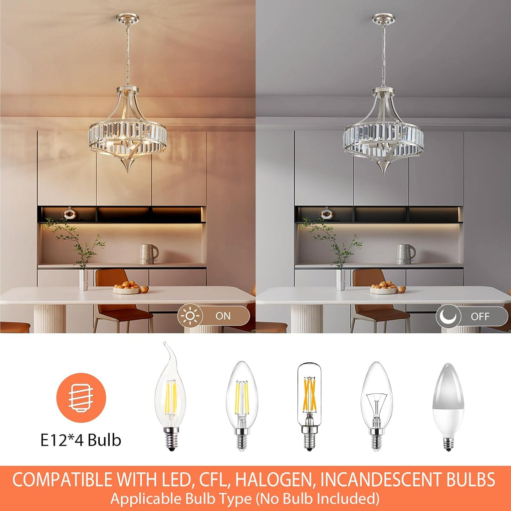 Crystal Chandeliers for Dining Room Rustic Farmhouse Pendant Round 4-Light Brushed Nickel Lighting Fixture for Dining Room Kitchen Island Hallway Bedroom Home Office