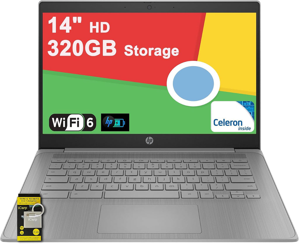 HP Chromebook 14 Home and Student Laptop 14' HD Antiglare Intel Celeron N4500 4GB RAM 320GB Storage (64GB SSD + 256GB SD Card) Type-C Wi-Fi6 Long Battery Life Fast Charging ICP Hub