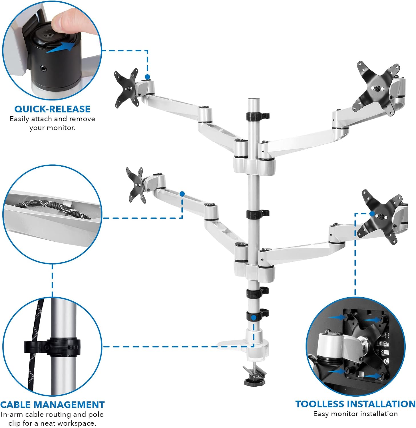 Mount-It! Quad Monitor Desk Mount | Full Motion Monitor Arms for Four Computer Displays | Premium Aluminum Mount with Quick Disconnect Technology