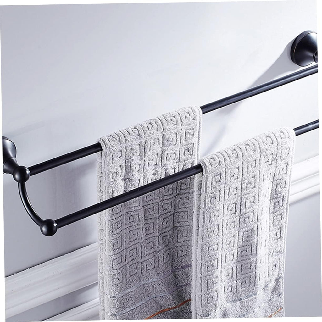 Boho Wall Decor Double Towel Bar Rack with Metal Storage Shelves and Measuring Cups Vintage Brass Hand Towels Hanger for Bathroom Black Accessories Holder