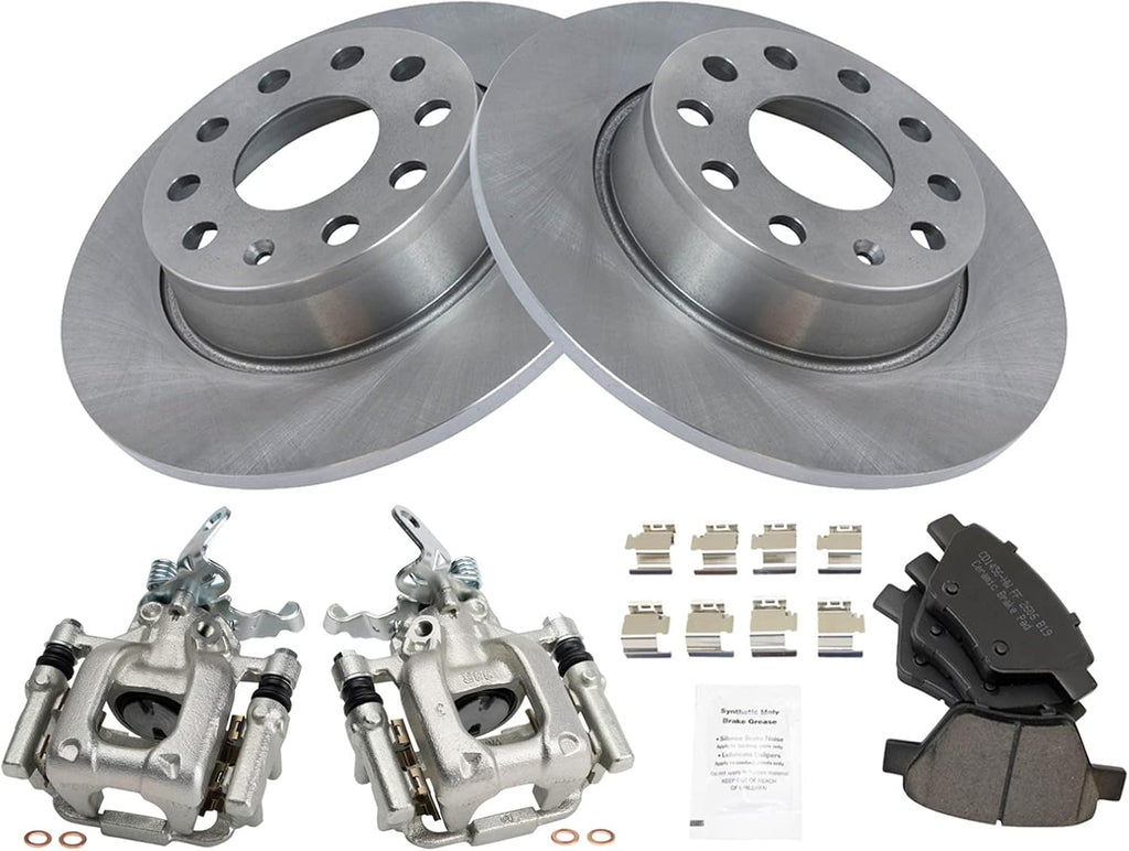 TRQ Rear Brake Pad and Rotor Set Ceramic Solid Rotors Calipers Compatible with 2010-2013 Audi A3 A3 Quattro 2011-2016 Volkswagen Eos 2012 Beetle 2010-2014 Golf Jetta 2012-2015 Passat 2012-2013 GTI
