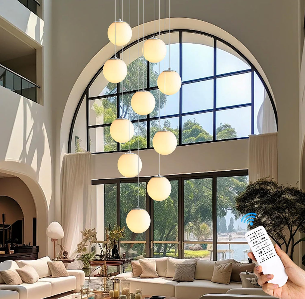 ykolupty LED Staircase Chandelier Glass Globe Pendant Light Chrome Large Chandeliers for High Ceiling,10-Lights Hanging Flush Mount Lighting Fixtures for Foyer,Entryway,Living Room