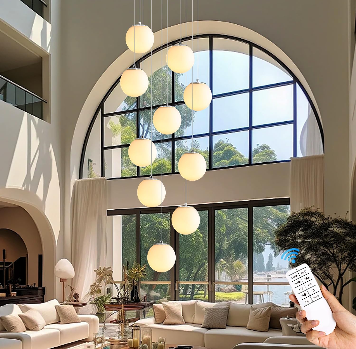 ykolupty LED Staircase Chandelier Glass Globe Pendant Light Chrome Large Chandeliers for High Ceiling,10-Lights Hanging Flush Mount Lighting Fixtures for Foyer,Entryway,Living Room