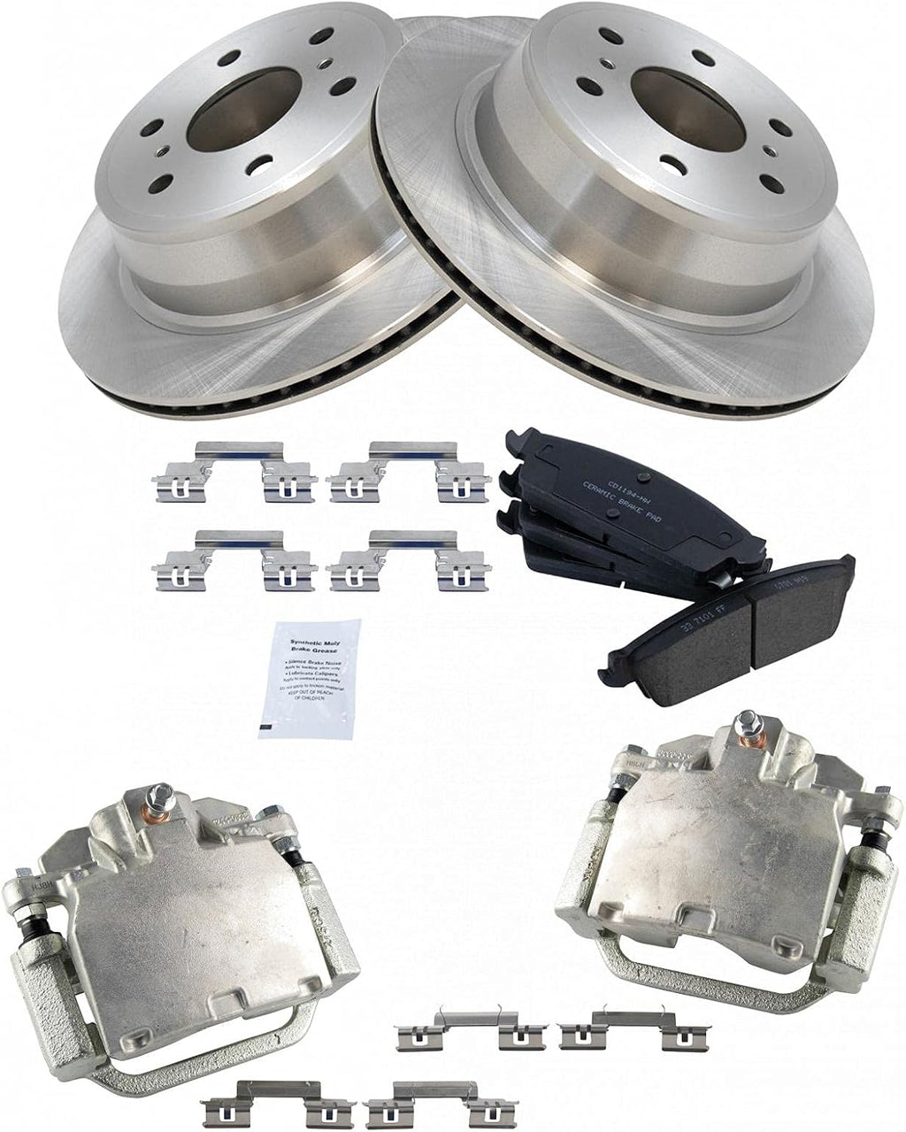 TRQ Rear Brake Pad and Rotor Set Ceramic Vented Rotors Calipers Compatible with 2007-2014 Chevrolet Avalanche Silverado Suburban Tahoe GMC Sierra Yukon XL 1500 Cadillac Escalade EXT ESV