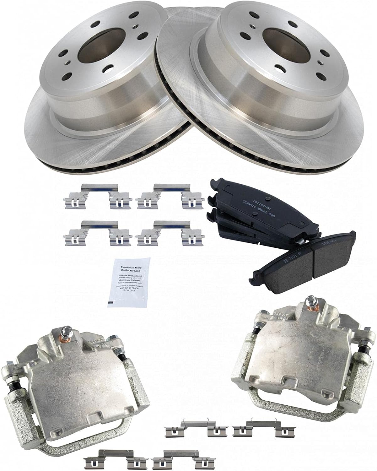 TRQ Rear Brake Pad and Rotor Set Ceramic Vented Rotors Calipers Compatible with 2007-2014 Chevrolet Avalanche Silverado Suburban Tahoe GMC Sierra Yukon XL 1500 Cadillac Escalade EXT ESV