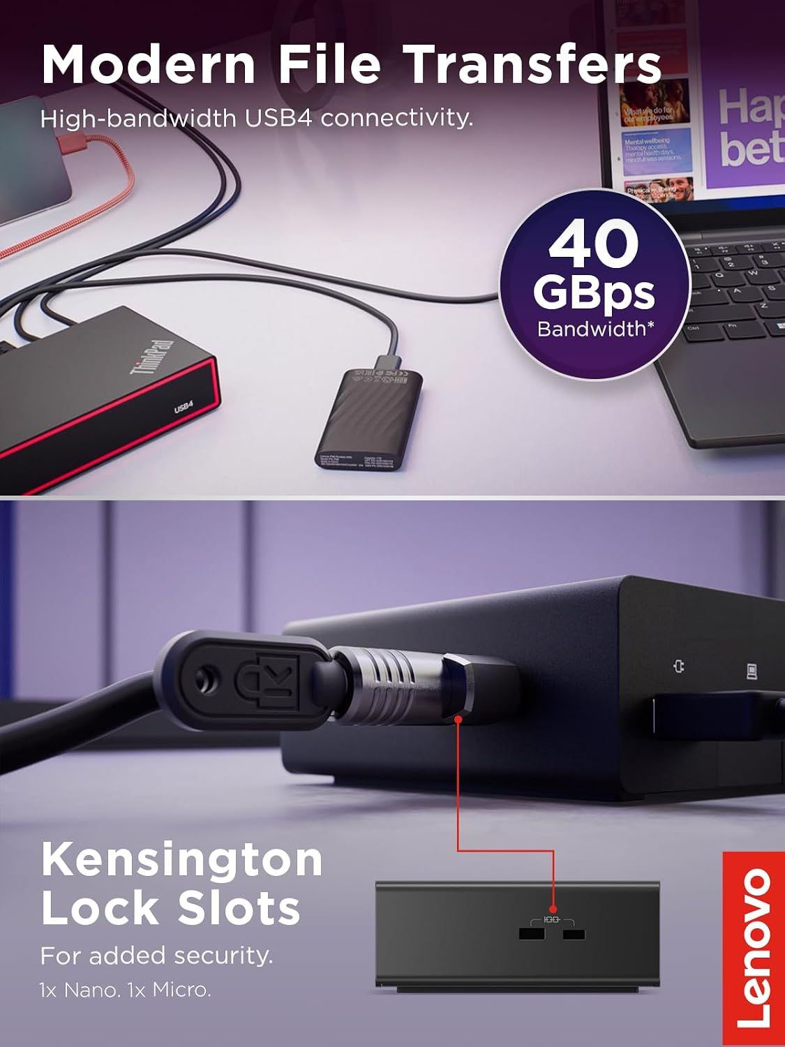 Lenovo ThinkPad USB4 Dock 5000, 40Gbps Bandwidth, Universal Compatibility, 65W Charging, Multiple Display Support, Black