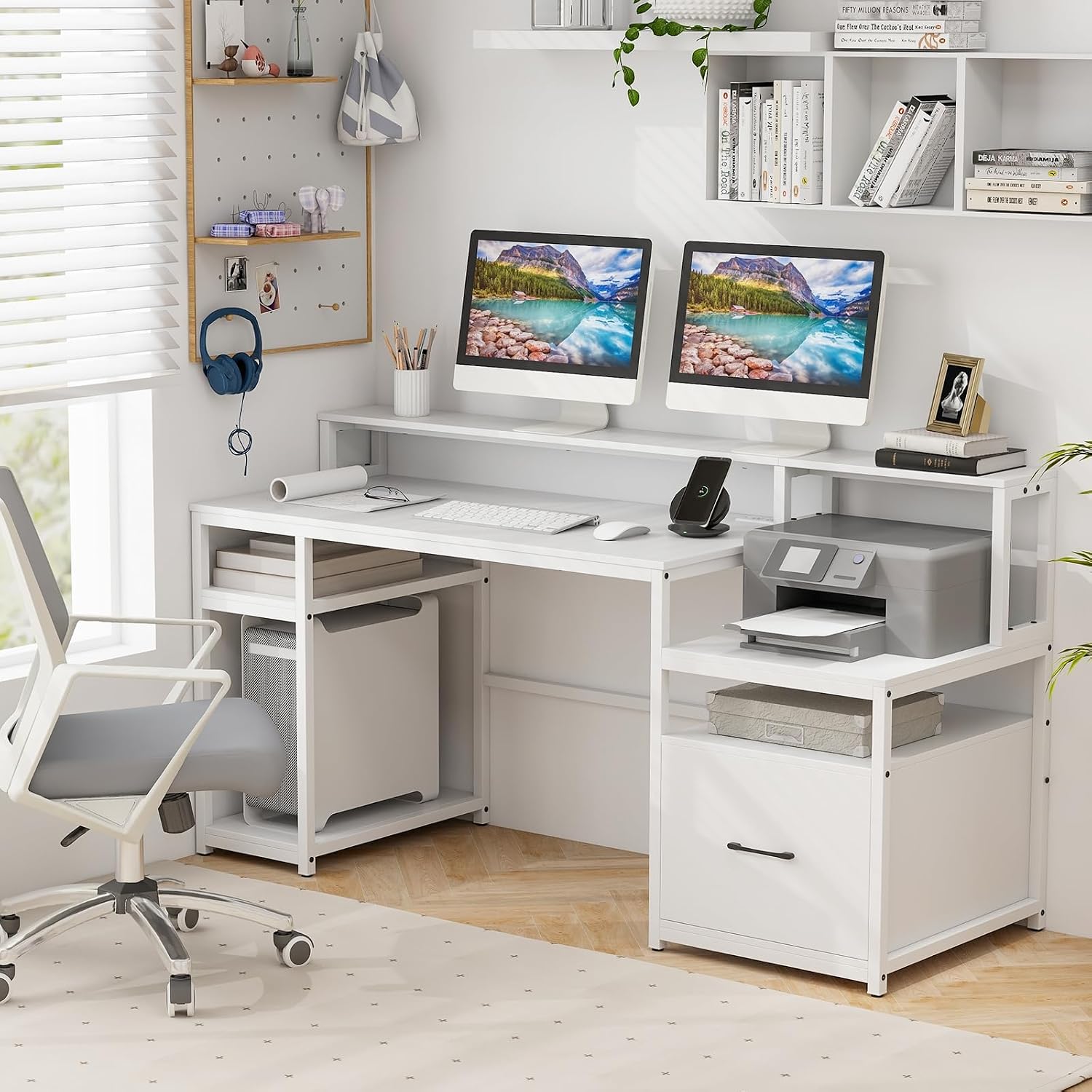Tangkula Computer Desk with Power Outlets, 66' Computer Workstation with Monitor Stand, CPU Stand, Printer Shelf & File Drawer, Writing Table Gaming Desk for Home Office (White)