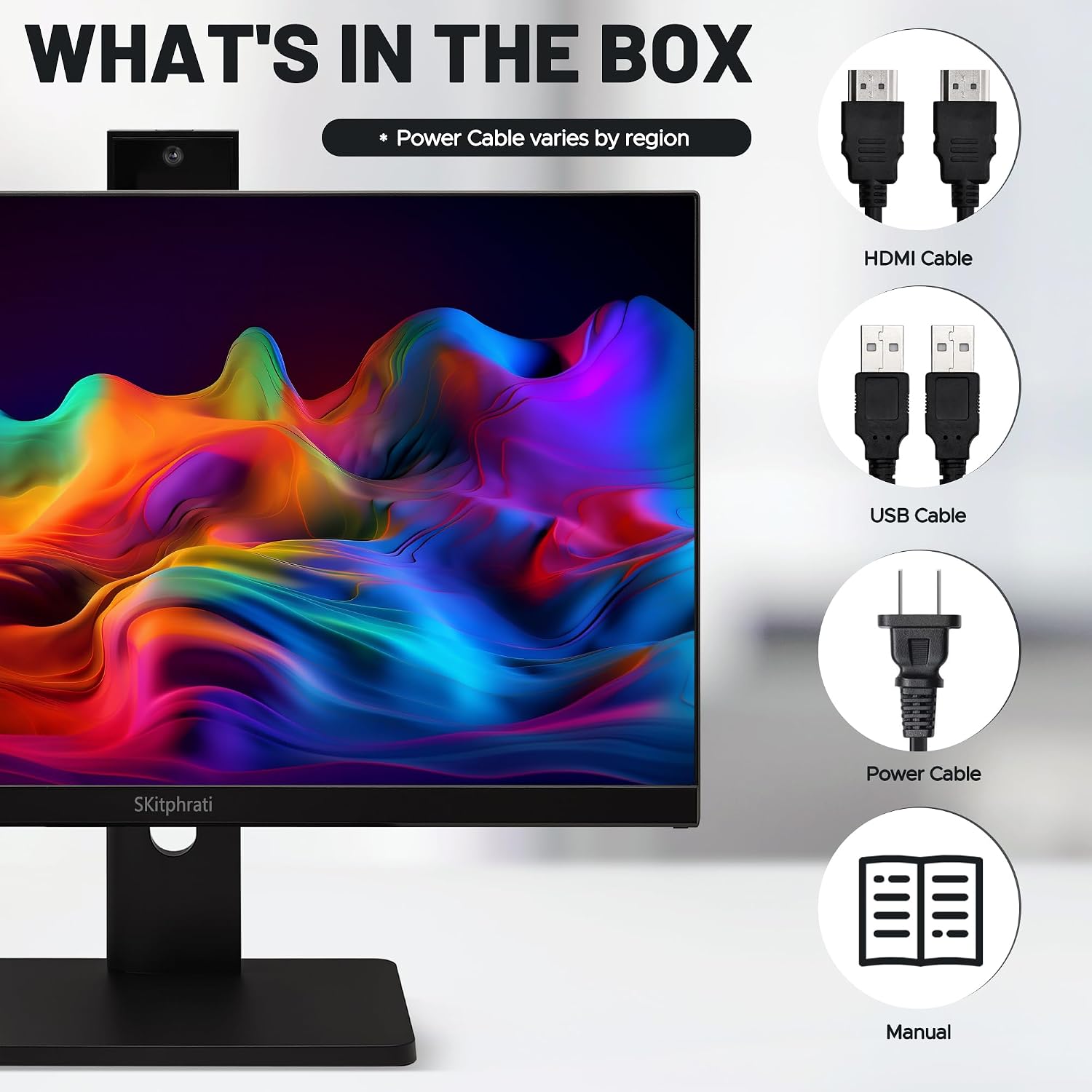 SKitphrati 23.8' Business Webcam Gaming Monitor, 1080P IPS 120HZ, Video Conference Monitor - Built-in Adjustable 3MP Webcam, Mic Array, Speakers, Eye Care, Frameless, HDMI, DP, VGA, USB 2.0