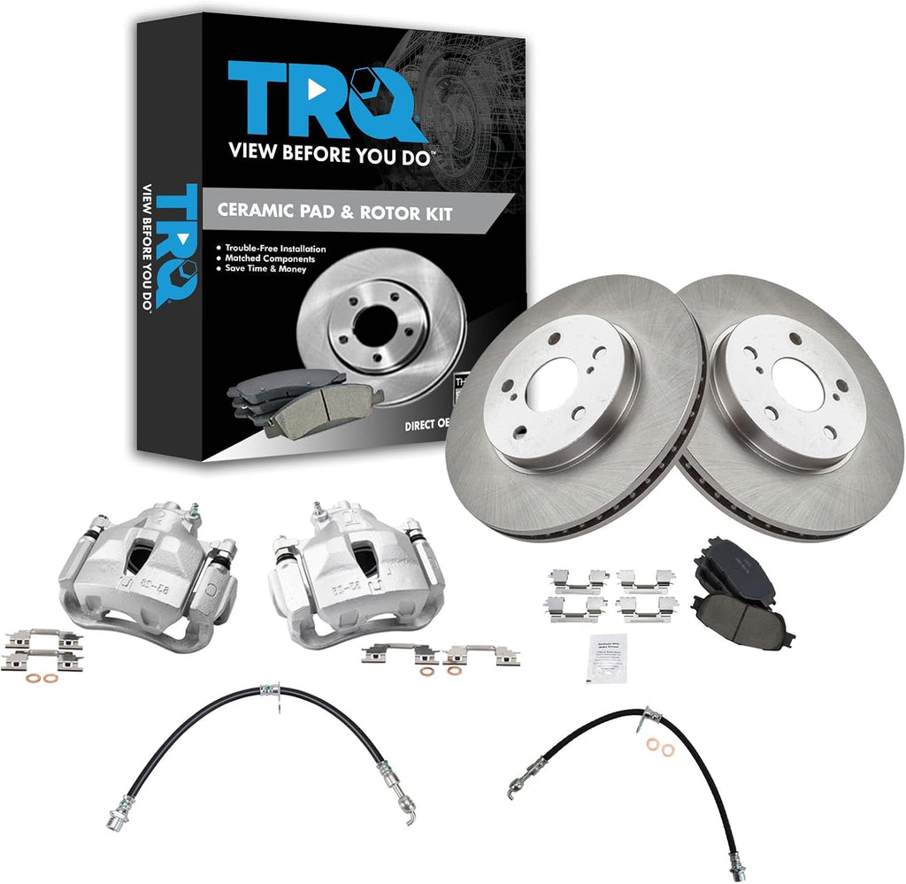 TRQ Front Brake Pad and Rotor Set Ceramic Rotors Calipers Hoses Compatible with 2005-2006 Toyota Camry 2004-2008 Solara