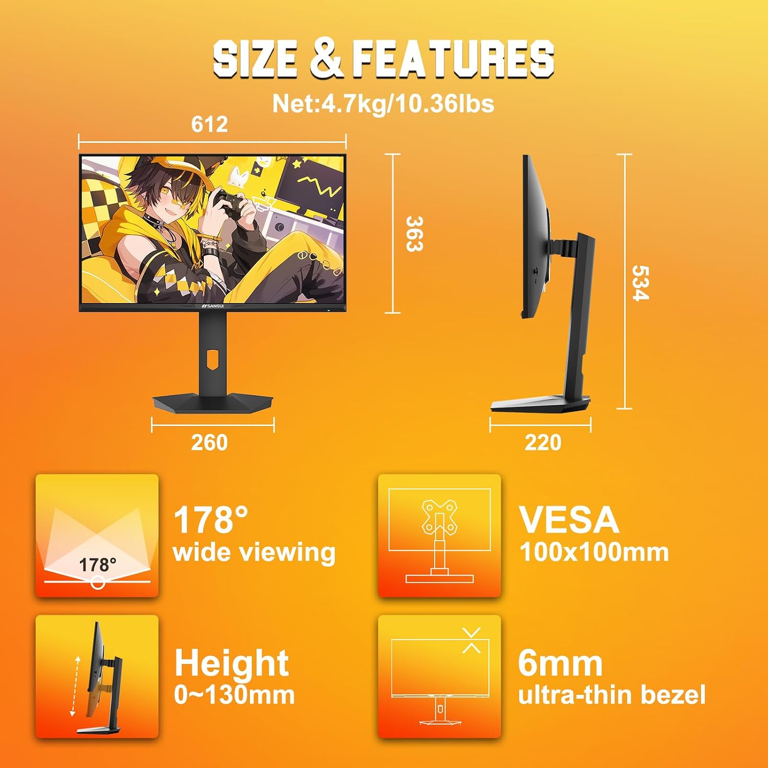 SANSUI Gaming Monitor 27 inch 1440p 200Hz 180Hz, WQHD Fast IPS 1ms Computer Monitor, FreeSync Premium | Brightness 400Nits | 130% sRGB | 10Bits | HDR | ErgoStand | VESA Mount | 2×DP 1.2 & 2×HDMI