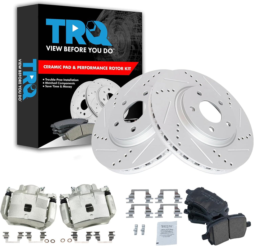 TRQ Performance Front Brake Pad and Rotor Set Ceramic Drilled Slotted Coated Vented Rotors Calipers Compatible with 2005-2007 Chevrolet Cobalt 2008-2010 HHR 2007-2008 Pontiac G5 2005 Saturn Ion
