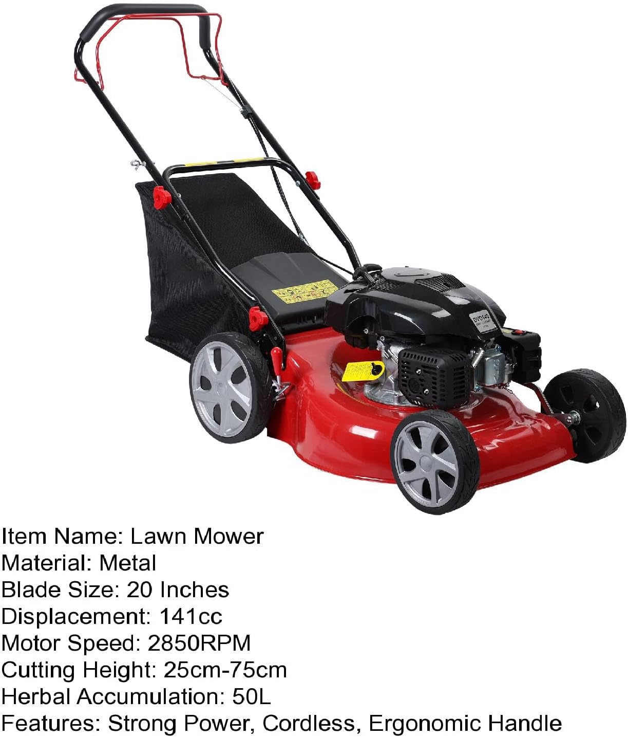 141cc 4-Stroke Self Propelled Gas Lawn Mower, Cordless Gas Engine Lawn Mower with 20 Inches Blade Walk-Behind Lawn Mover Cordless Push Lawn Mowers Tractors with 50L Grass Tank Big Wheels 2850RPM Red