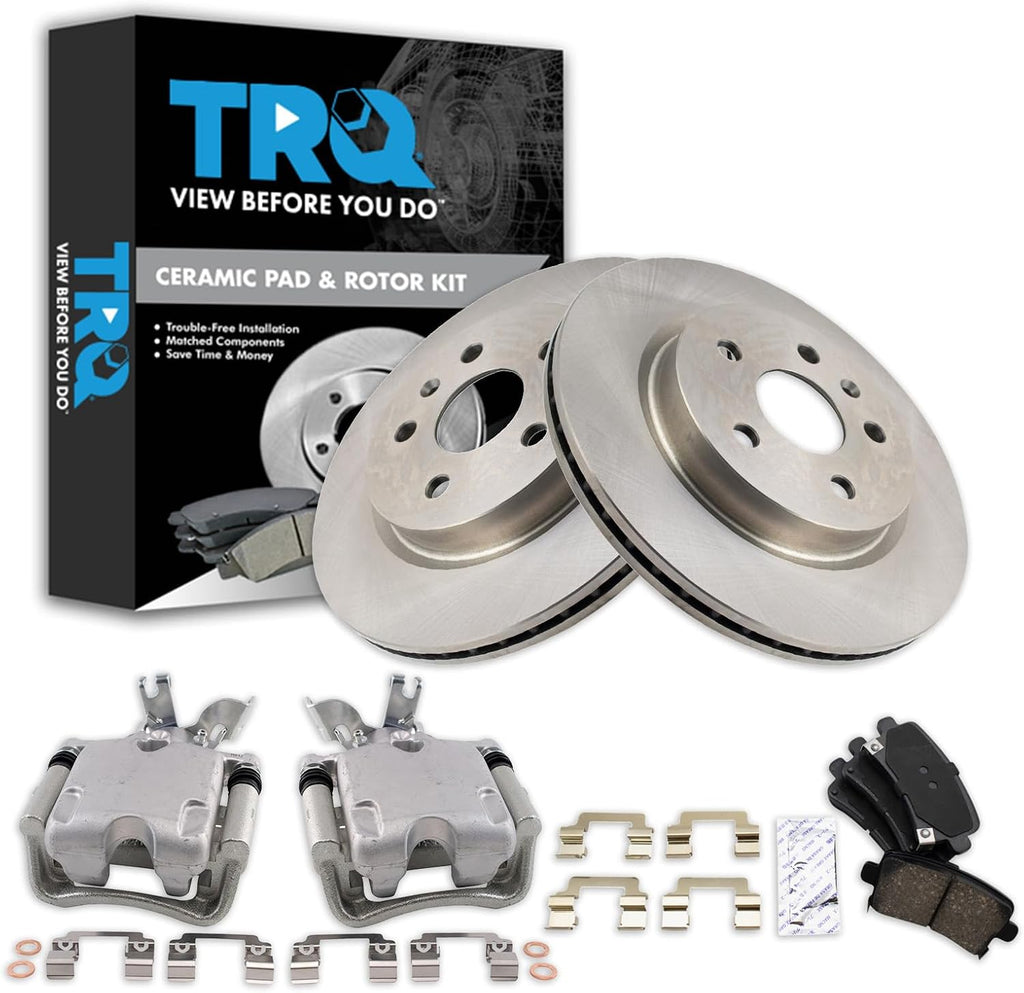 TRQ Rear Brake Pad and Rotor Set Ceramic Vented Rotors Calipers Compatible with 2014-2015 Chevrolet Malibu L4 2.0L