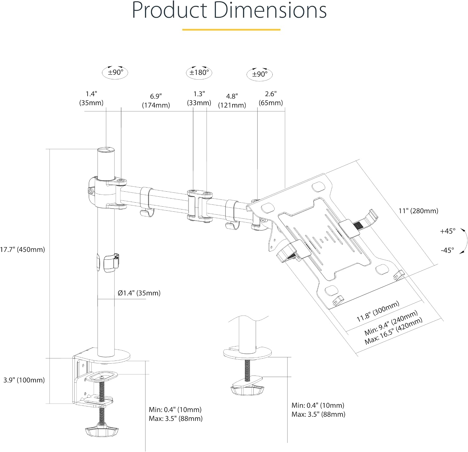 StarTech.com Laptop Desk Mount, VESA Monitor Mount for Displays up to 34' 17.6lb/8kg or Laptops up to 9.9lb (4.5kg), Articulating Arm Tray with Clamp or Grommet Base