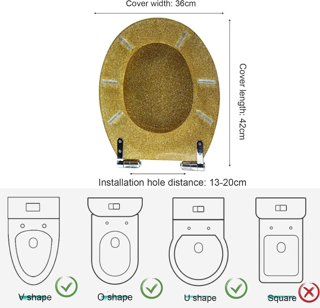 Slow Close Toilet Seat Thicken Toilet Seat Cover, Sparkly Resin Toilet Seat, Toilet Seat, Slow Close Bathroom Toilet Lid, Easy To Clean & Install,Silver,Black,Black