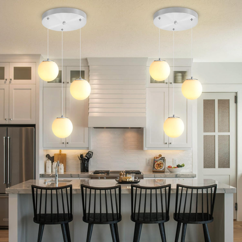 ykolupty 3-Light Globe Pendant Light for Kitchen Island Silver Pendant Light Fixtures with White Glass Globe Hanging Lights for Bedroom,Hallway,Bar