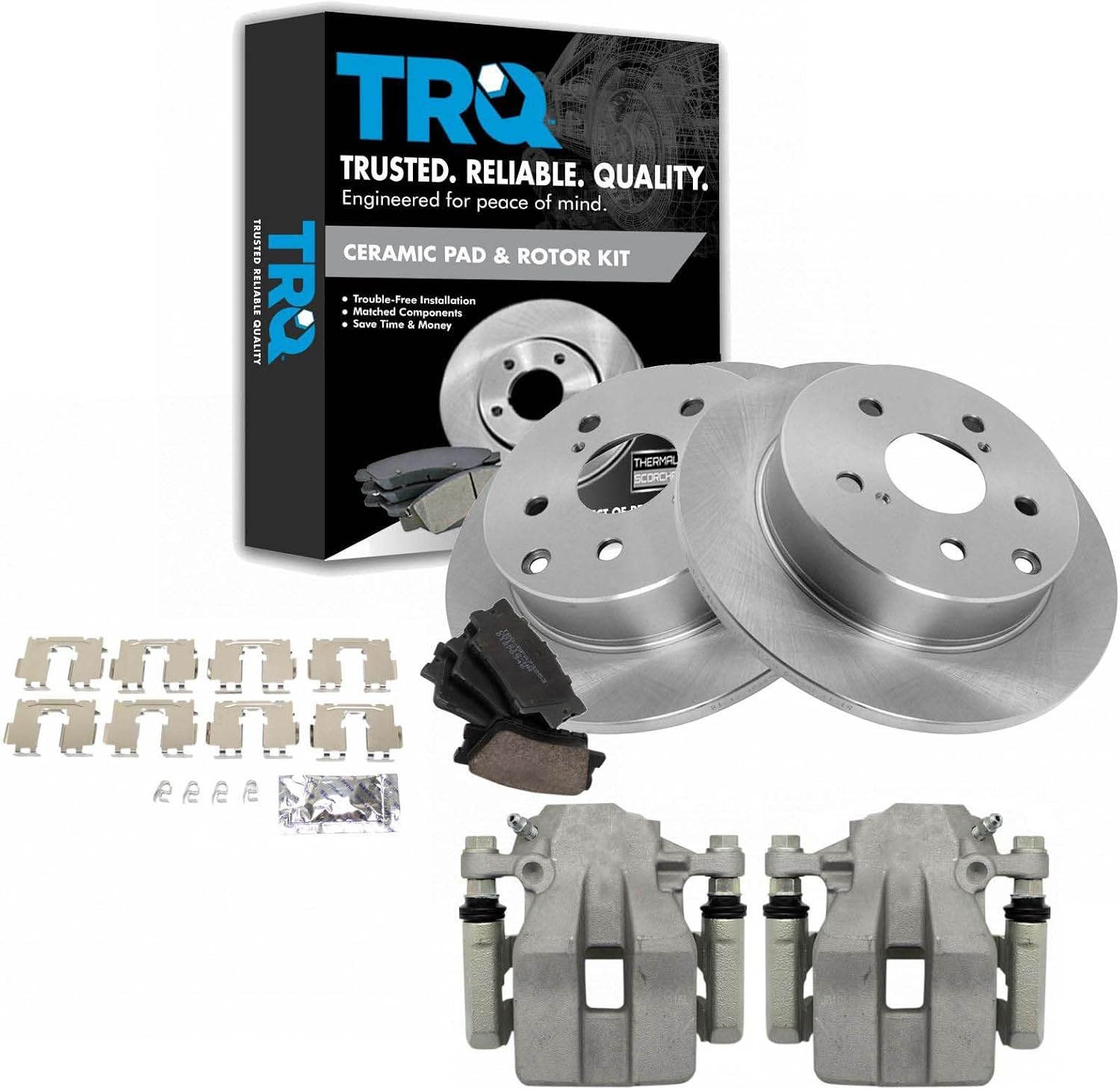 TRQ Rear Brake Pad and Rotor Set Ceramic Solid Rotors Calipers Compatible with 2006-2011 Toyota RAV4