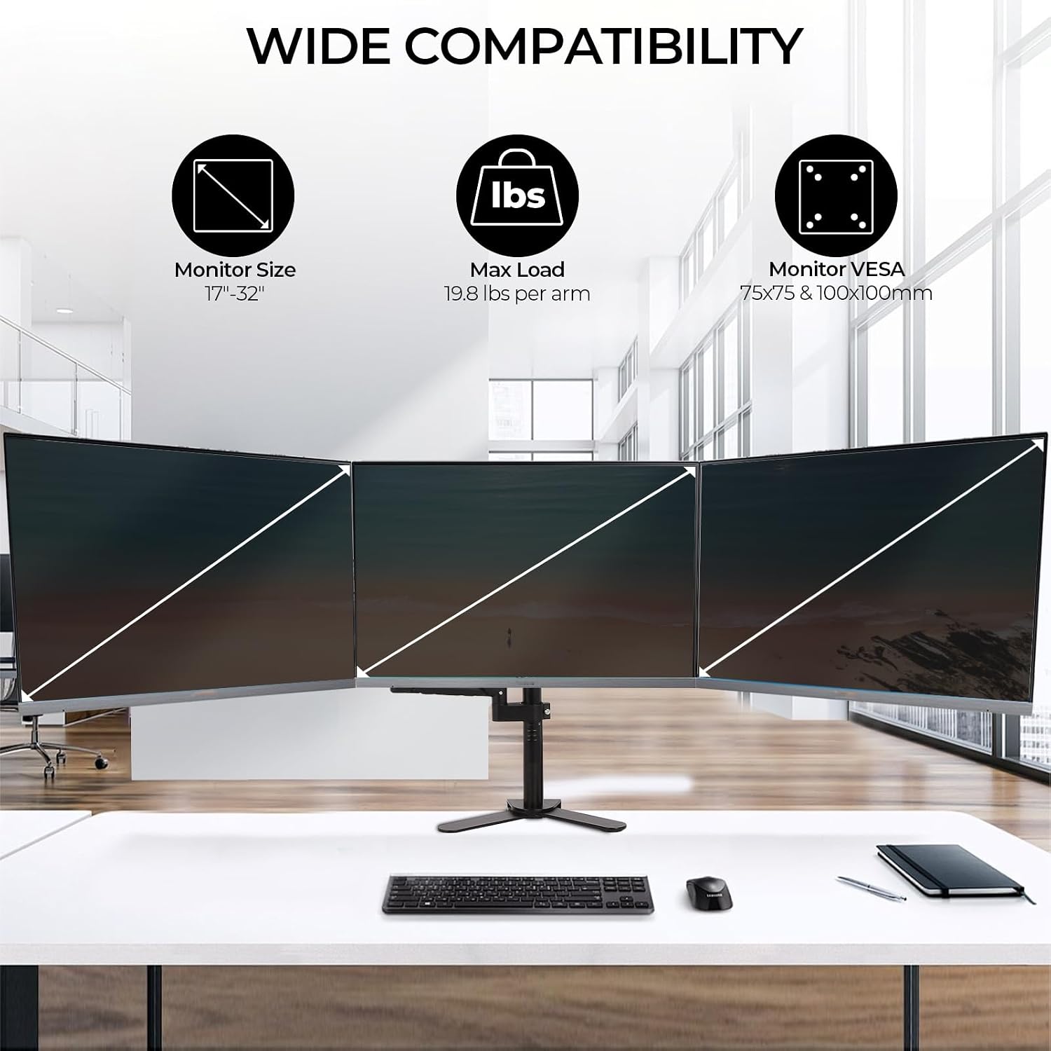 Triple Monitor Mount - Vesa Mount，Gas Spring Adjustable 3 Monitor Desk Stand with Swivel，Tilt，and Clamp Functions for Computer Screens from 17-32 Inches，Each Stand Holds 19.8 LBS