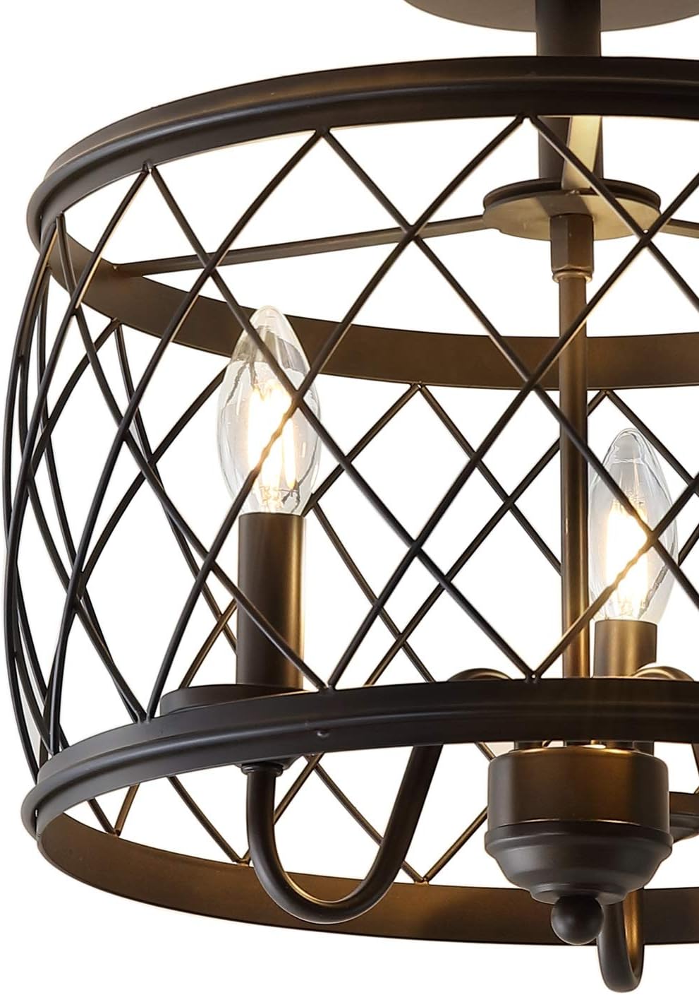 JONATHAN Y 15' Oil Rubbed Bronze LED Semi Flush Mount Ceiling Light, 3-Light Modern Industrial Drum Fixture for Bedroom Living Room Hallway, Gold Metal Cage Shade (JYL9037B)