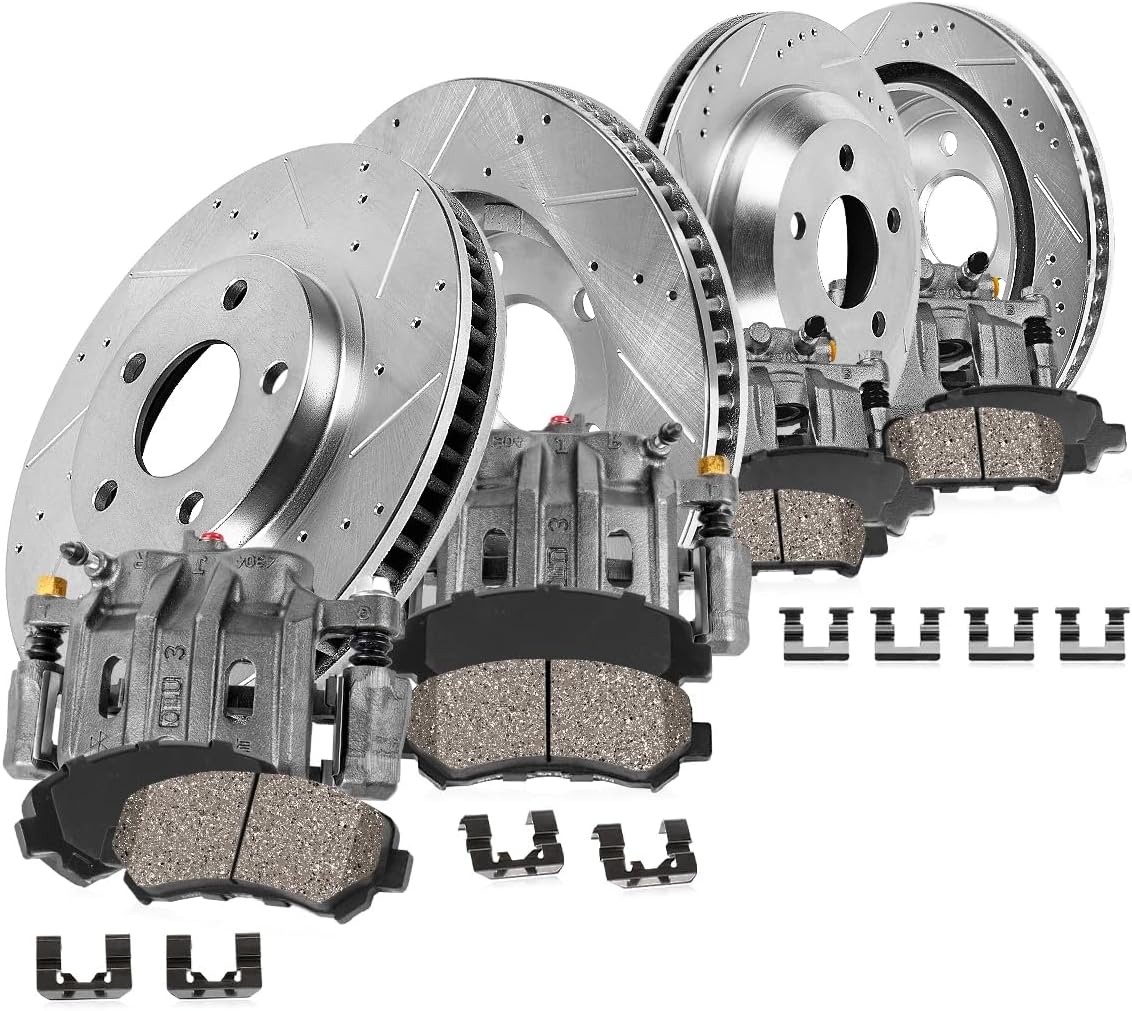 Callahan Brake Parts Front and Rear Brake Kit For Honda CR-V 2005-06 - Drilled & Slotted Disc Rotors with Ceramic Brake Pads + OE Calipers, EBYK040908