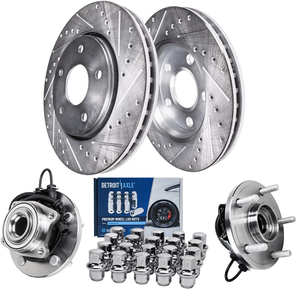 Detroit Axle - Front Brake Kit for Chrysler Town & Country Dodge Grand Caravan VW Routan Ram C/V, 2 Drilled & Slotted Disc Brake Rotors 2 Wheel Bearing & Hubs 20 Wheel Lug Nuts: 11.89' inch Rotor