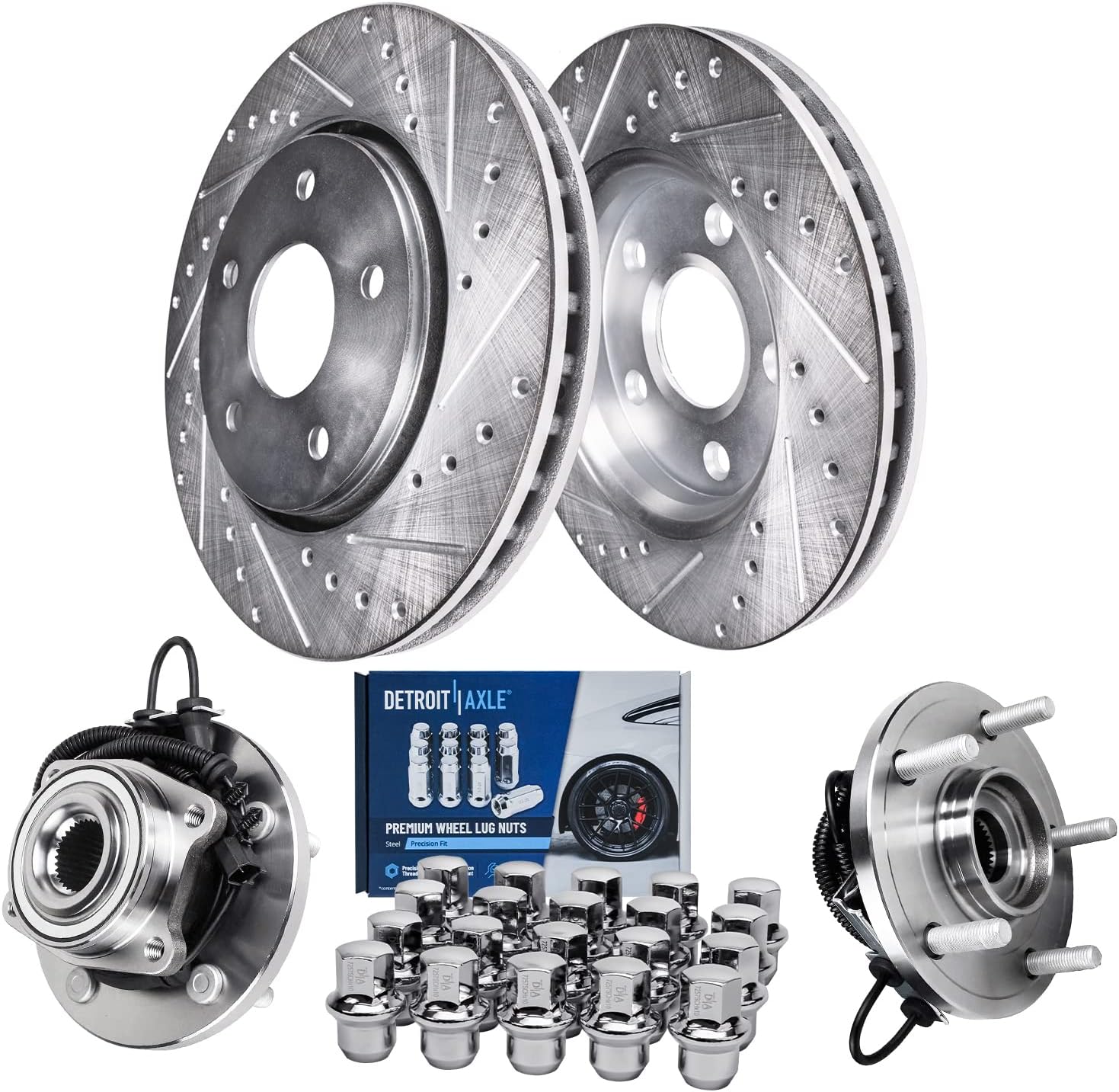 Detroit Axle - Front Brake Kit for Chrysler Town & Country Dodge Grand Caravan VW Routan Ram C/V, 2 Drilled & Slotted Disc Brake Rotors 2 Wheel Bearing & Hubs 20 Wheel Lug Nuts: 11.89' inch Rotor