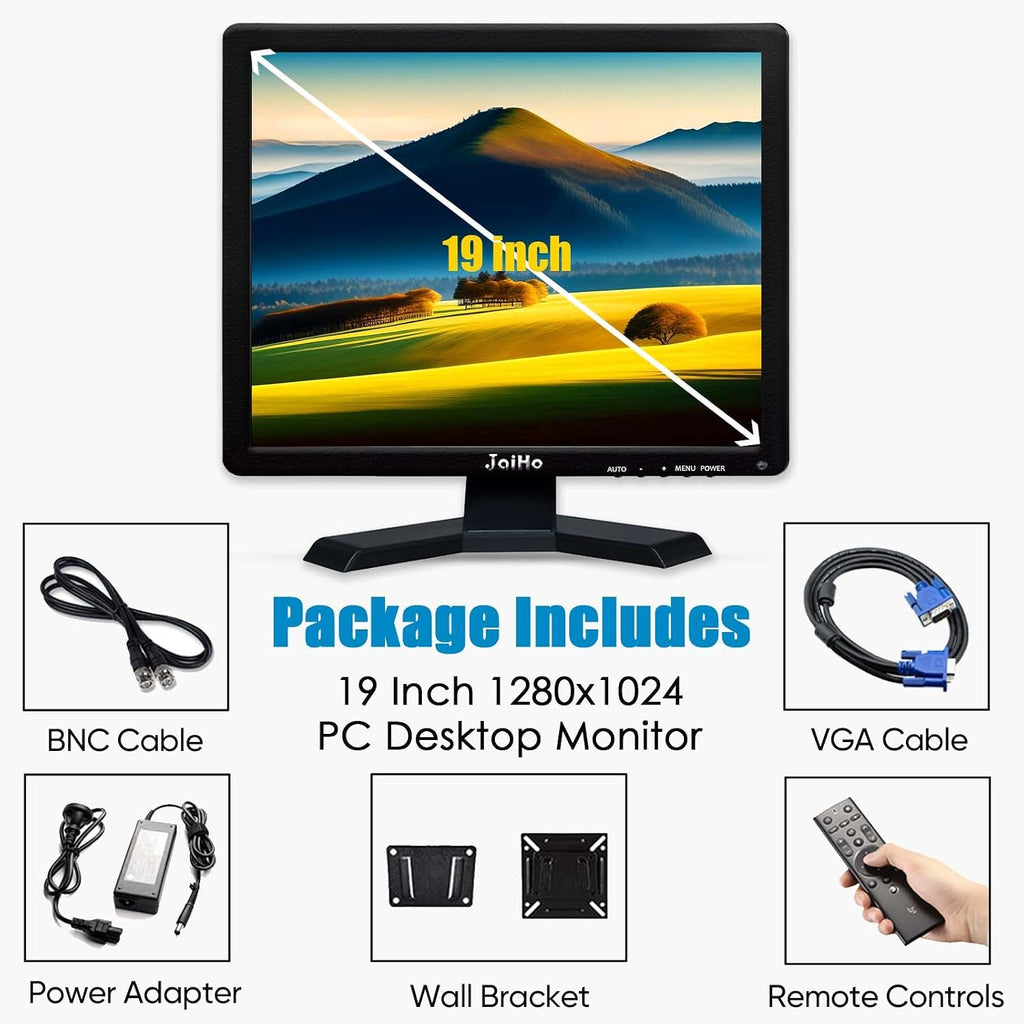 JaiHo 19-Inch 4:3 Security Monitor, No Image Stretching Screen for CCTV NVR, 1280x1024 Professional Industrial Display with Metal Housing, BNC HDMI VGA AV USB, Built-in Speakers & VESA Mount