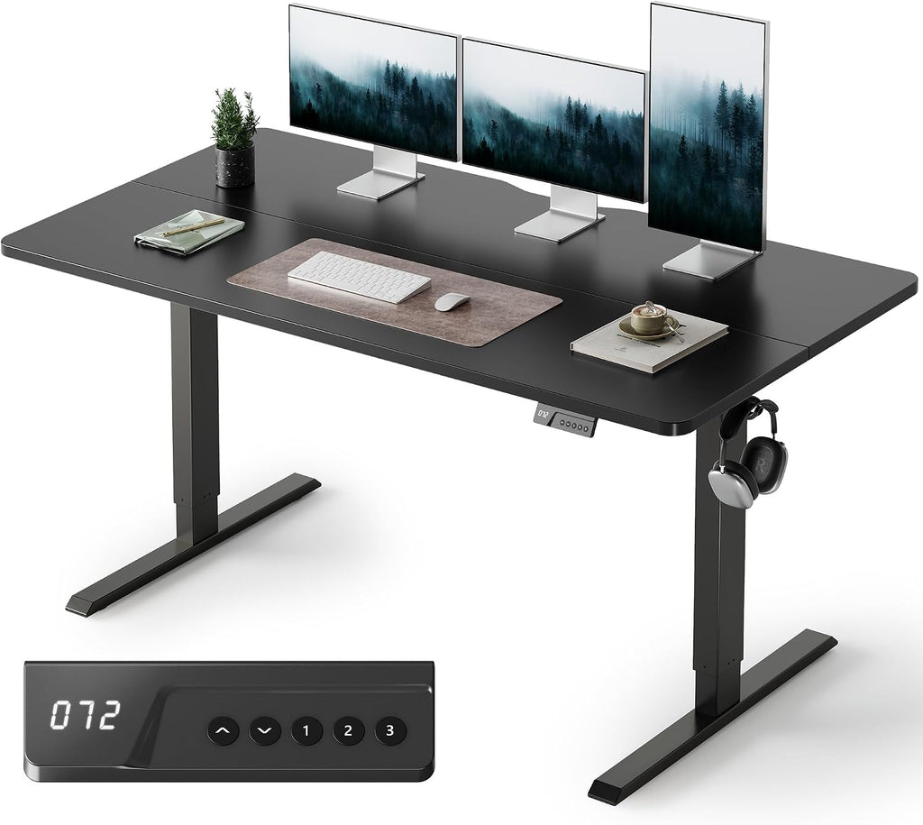 FEZIBO Standing Desk, 55×28 Inches Electric Height Adjustable, Sit Stand Up, Computer Office Desk with Splice Board, Black Frame/Black TOP