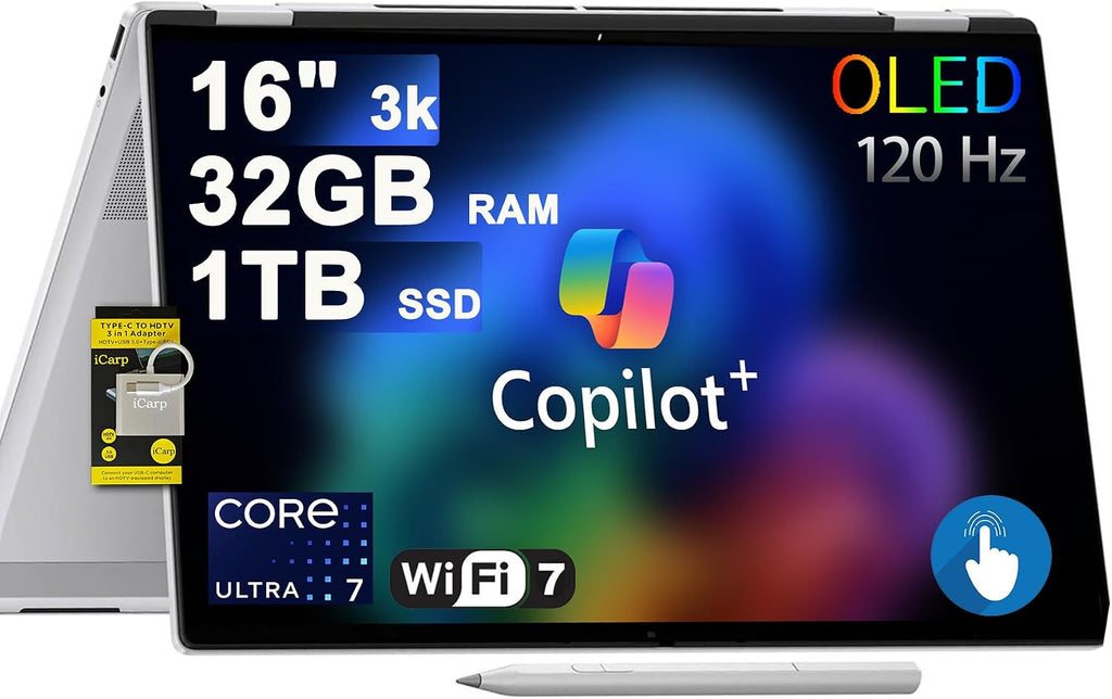 HP OmniBook 7 Flip 16 2-in-1 Professional Business Laptop 16' 3k OLED Touch Intel 8-core Ultra 7 Series 2 258V (Up to 47 Tops) 32GB RAM 1TB SSD 5MP IR Camera Wi-Fi7 Pen Win11 ICP Hub