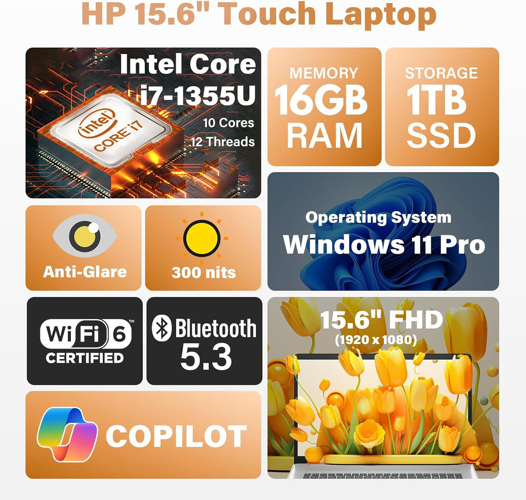 HP 2026 15.6' Touchscreen Business Laptop - Intel 10-Core i7 1355U (Up to 5.0GHz), 16GB RAM, 1TB SSD, 15.6' FHD Anti-Glare 300 nits Display, Win 11 Pro, Wi-Fi 6, Ai Copilot, w/Redragon Bundle