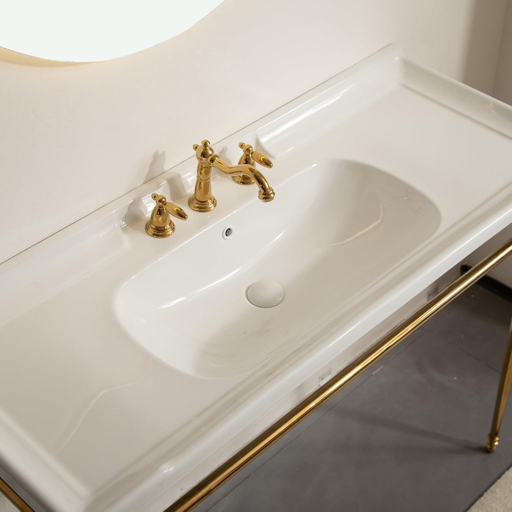 48' Console Bathroom Sink, Freestanding Console Sink With Stainless Brushed Gold Legs, Modern Bathroom Vanity with 3 Tap Holes, White Ceramic Basin