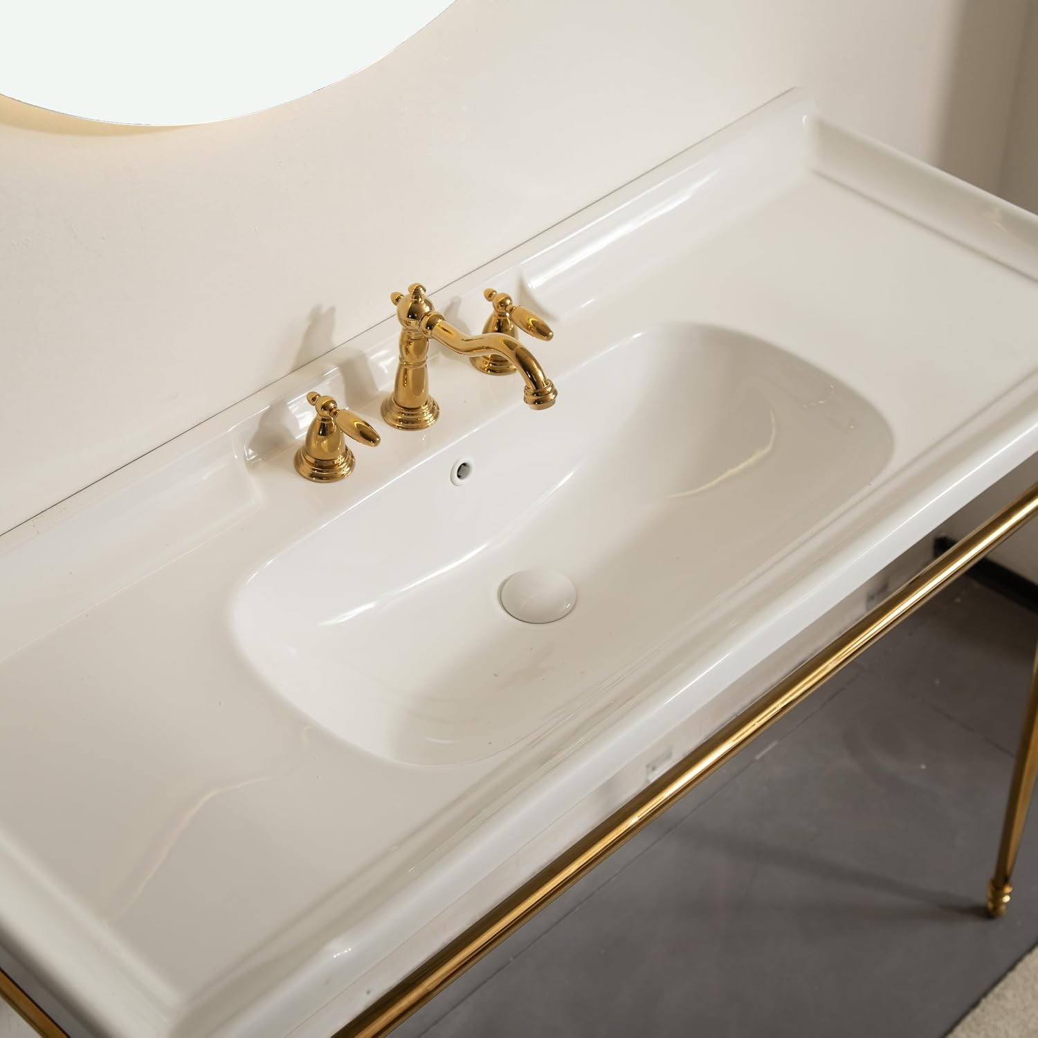 48' Console Bathroom Sink, Freestanding Console Sink With Stainless Brushed Gold Legs, Modern Bathroom Vanity with 3 Tap Holes, White Ceramic Basin