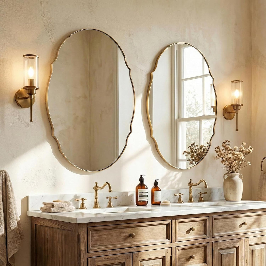 ANDY STAR Large Gold Scalloped Oval Mirror 30x40, Brushed Gold Oval Bathroom Mirror for Wall, Stainless Steel Framed Mirror for Master Vanity, Entryway, Hallway, Rust-Resistant