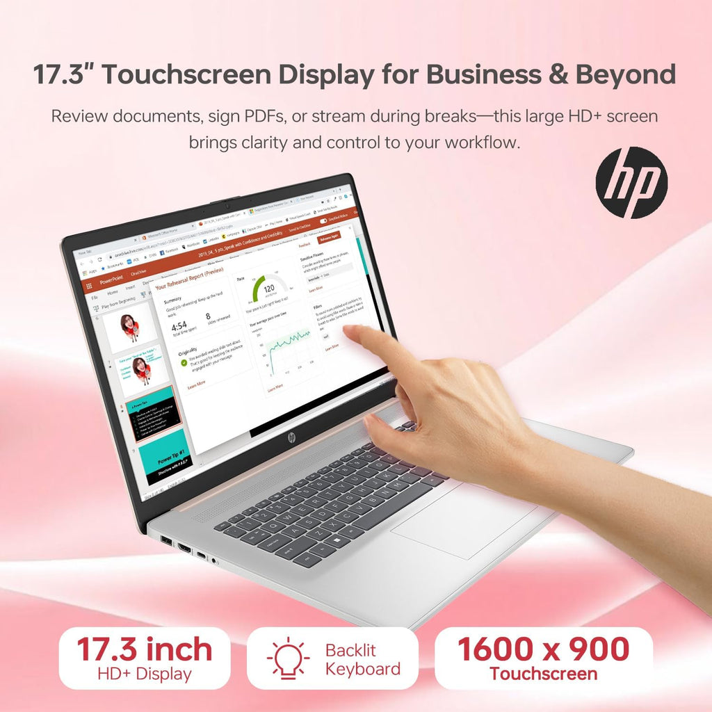HP 17.3' Touchscreen Laptop, Intel Core i7-1355U, Pale Rose Gold, 32GB RAM, 2TB SSD, Webcam, Backlit Keyboard, Fingerprint Reader, Wi-Fi 6, Windows 11 Home, Bundle with PCO Laptop Cooler