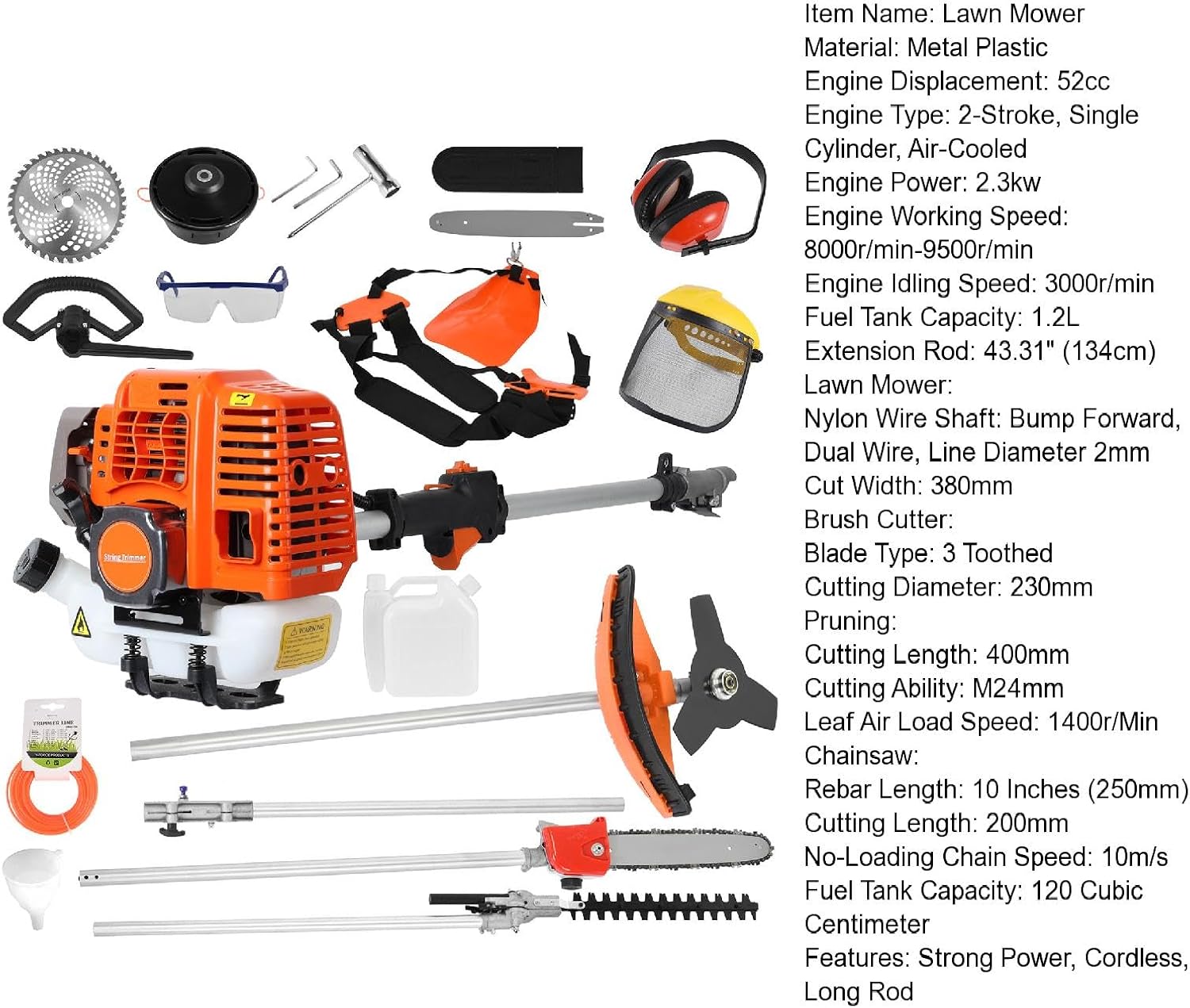 Gas String Trimmer, 52-cc 2-Cycle Weed Wacker Gas Powered, Straight Shaft Cordless String Trimmer Hedge Trimmer Lawn Mower, 5 in 1 Gas Weed Eater String Trimmer Edger Brush Cutter for Weed Brush (B)